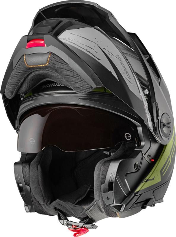 Schuberth E2 Explorer Black & Green Adventure Flip Front Motorcycle Helmet - New for 2023/2024 - Averys Motorcycles