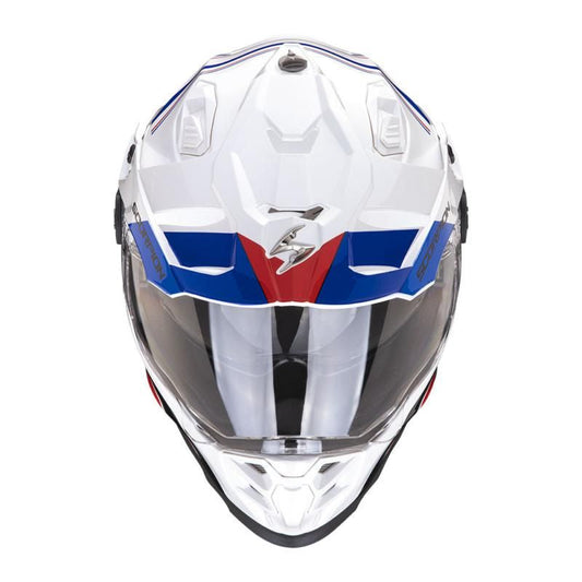 Scorpion Exo ADF-9000 Desert White Blue & Red Adventure Touring Motorcycle Helmet - New for 2023/2024 - Averys Motorcycles